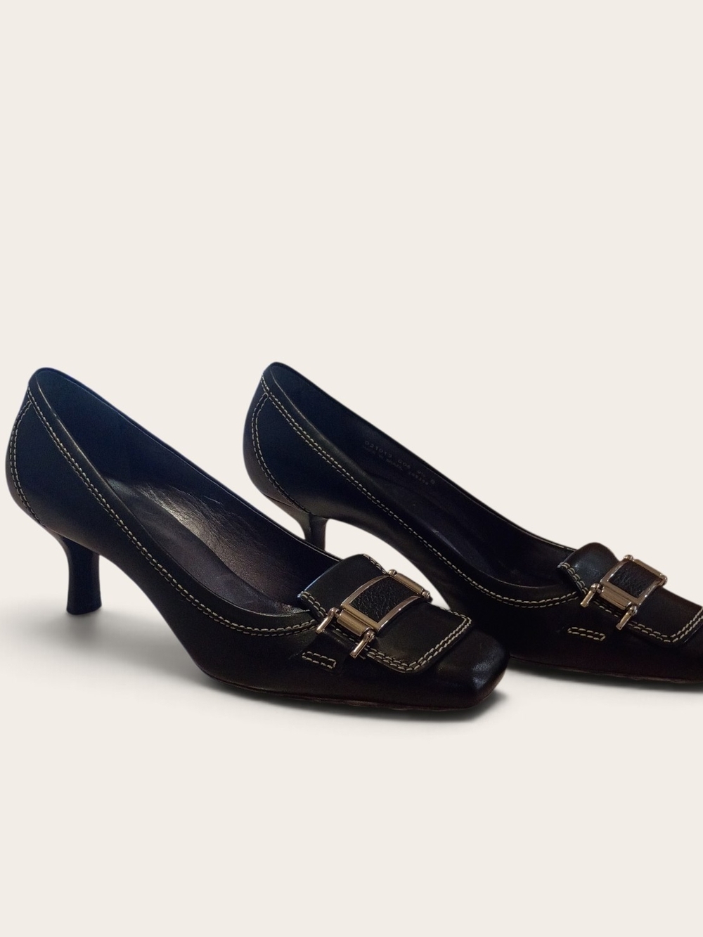 Cole Haan Black Leather Kitten Heel Pumps with Buckle